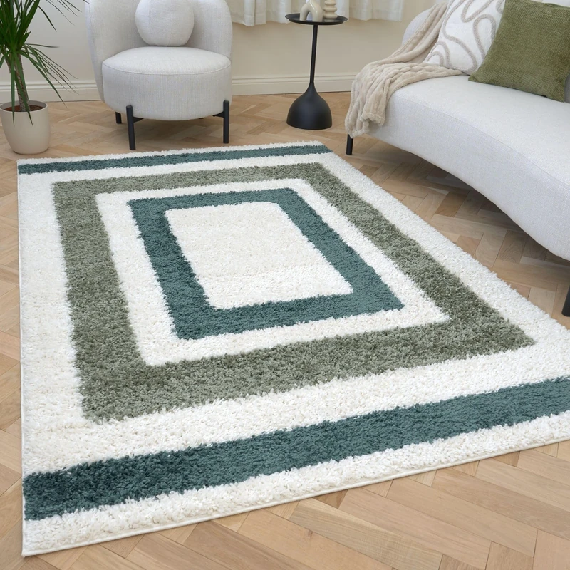 THE RUGS Soft Shaggy Area Rug – Modern Patterned Carpet for Living Room & Bedroom, Extra Plush, Easy to Clean, Border Design (80x150 cm, Forest & Sage Green) - Image 1