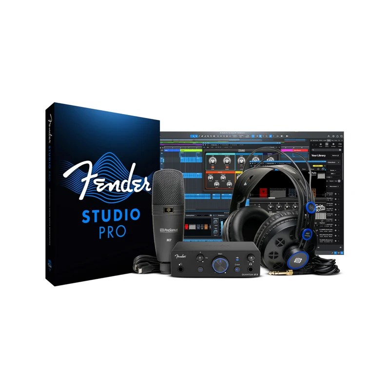 Fender Quantum Creator Bundle | Home Recording Kit with Quantum LT 2 USB-C Interface, M7 Condenser Microphone, HD7 Headphones, XLR Cable, Mic Stand, Fender Studio Pro, Beginner Studio Bundle