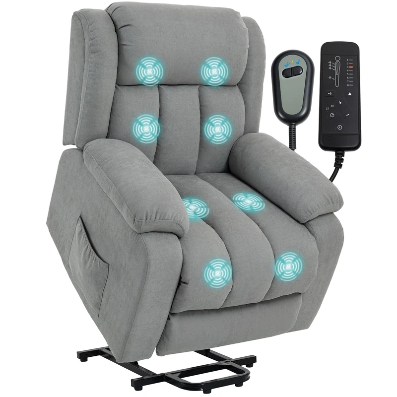 HOMCOM Riser and Recliner Chair with Massage, Linen Overstuffed Power Lift Chair for Elderly with Deep Seat, Wide Armrests, Footrest, Side Pockets, Electric Lift Armchair for Living Room, Light Grey