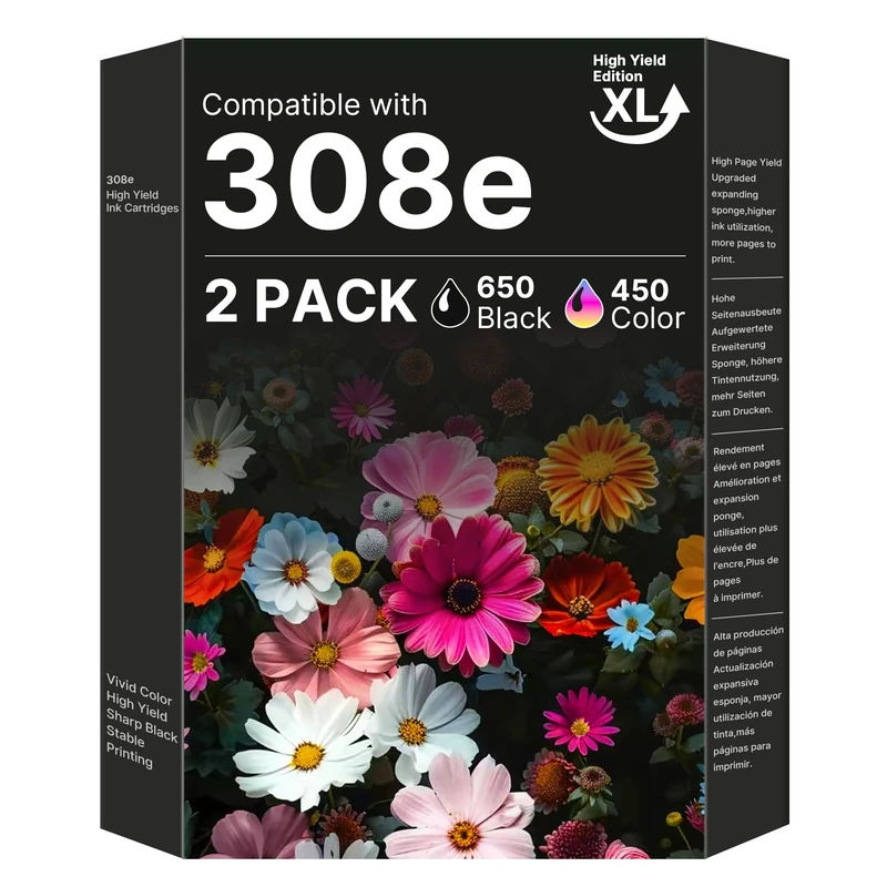308e (XL) Black and 308e (XL) Colour Ink Cartridge High Page Combo Pack Compatible for HP 308 308e Ink Cartridges for HP Envy 6122e 6532e 6520e 6132e 6530e 6120e 6110e 6558e 6110e 6130e (2-pack)