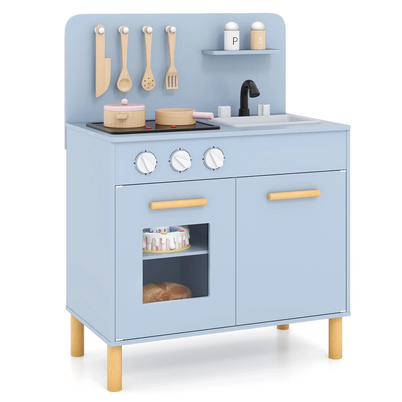 GYMAX Kids Play Kitchen, Wooden Toy Kitchen (Blue)
