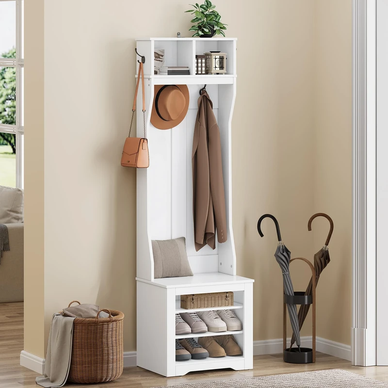 YITAHOME Coat Stand, Coat Rack with Shoe Bench, 35 x 50 x 180.5 cm Narrow Hall Tree with 5 Hooks & Top Open Storage, Hallway Storage Unit, Shoe and Coat Rack for Entryway, Living Room, White