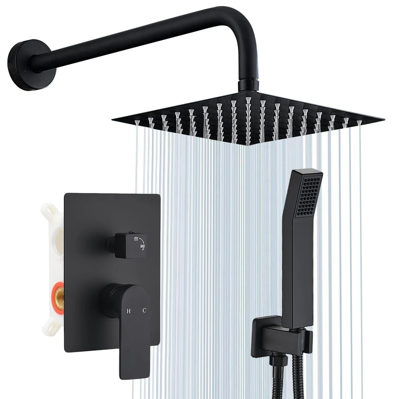 Shower Fitting Set Matte Black Shower System Button Switch Diverter with High Pressure Hand Shower Wall Mount 8 Inch Shower Head