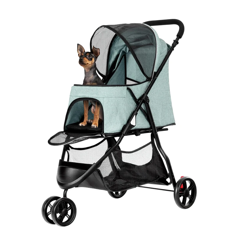 YITAHOME 15 kg Foldable Dog and Cat Stroller, Three Wheels, Mesh Window, Brakes, Iron Tubular Frame, Robust, Suitable for Pets Under Medium Size, Light Green
