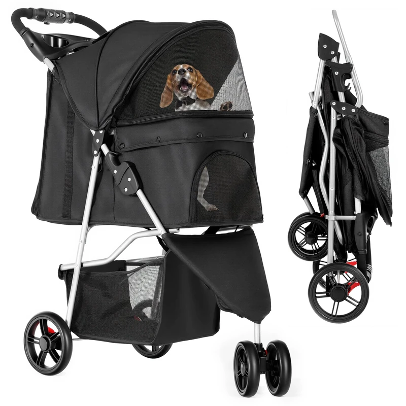 YITAHOME 15 kg Foldable Dog Stroller, Cat Stroller with 3 Wheels, Mesh Windows, Cup Holder, and Brakes, Suitable for Medium-Sized Pets Black