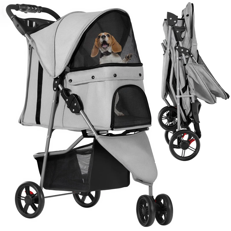 YITAHOME 15 kg Foldable Dog Stroller, Cat Stroller with 3 Wheels, Mesh Windows, Cup Holder, and Brakes, Suitable for Medium-Sized Light Gray