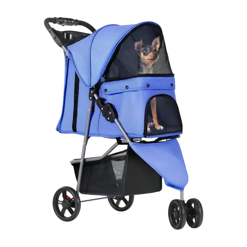 YITAHOME 15 kg Foldable Dog Stroller, Cat Stroller with 3 Wheels, Mesh Windows, Cup Holder, and Brakes, Suitable for Medium-Sized Denim Blue