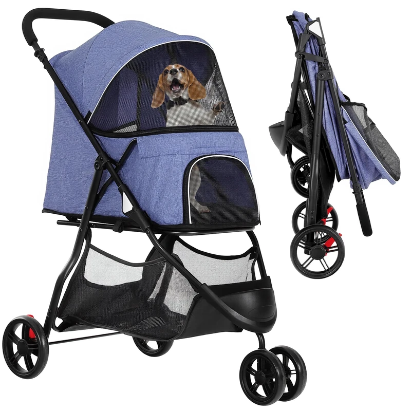YITAHOME 15 kg Foldable Dog and Cat Stroller, Three Wheels, Mesh Window, Brakes, Iron Tubular Frame, Robust, Suitable for Pets Under Medium Size, Denim Blue