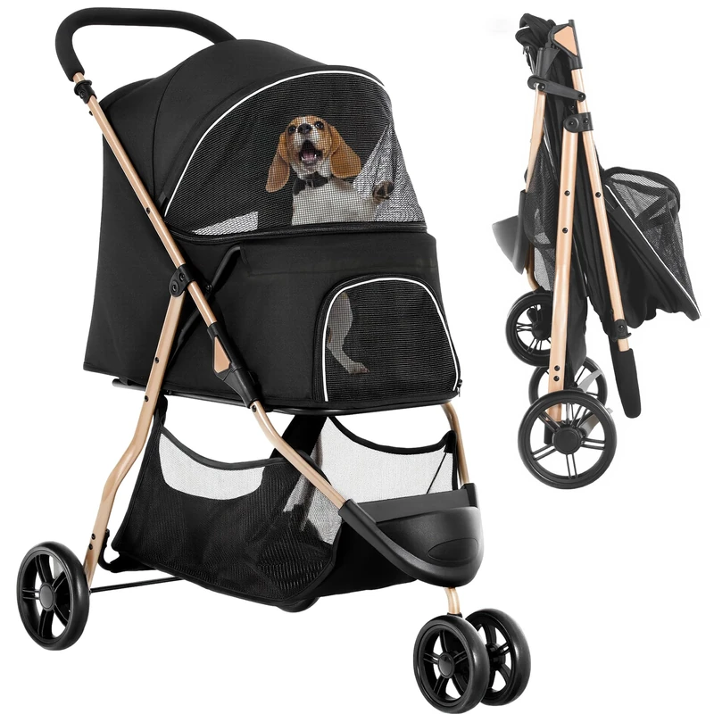 YITAHOME 15 kg Foldable Dog and Cat Stroller, Three Wheels, Mesh Window, Brakes, Iron Tubular Frame, Robust, Suitable for Pets Under Medium Size, Black