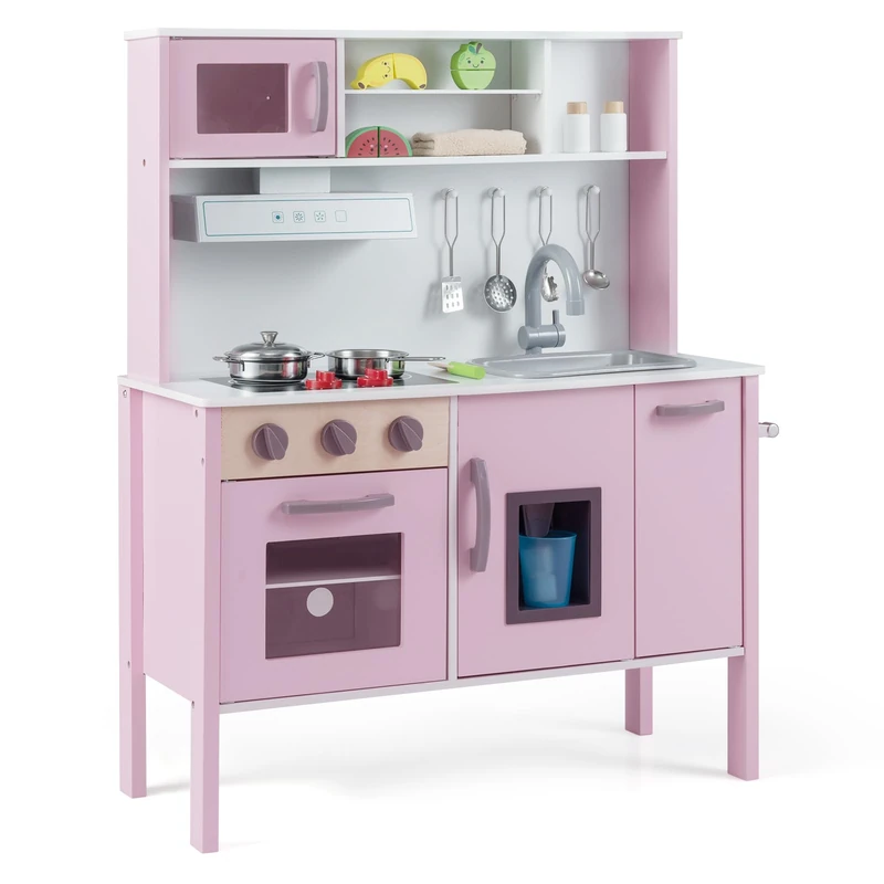 GYMAX Kids Play Kitchen, Children Toy Kitchen with Stoves, Microwave, Range Hood, Wash Machine, Oven, Cookware Utensils & Sounds, Wooden Cooking Role Playset for Girls Boys (Light Pink)