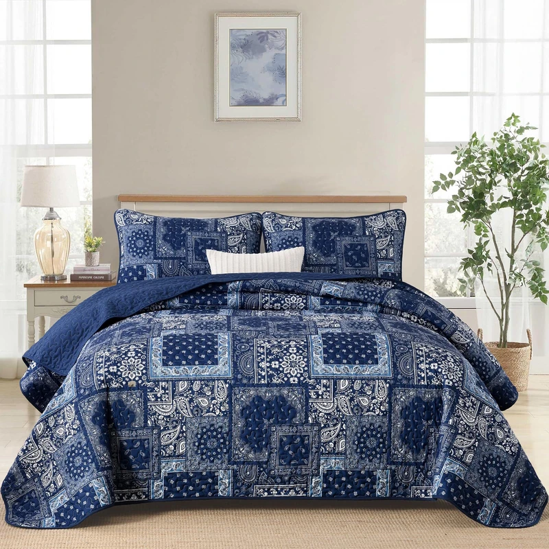 Cottolester Quilt Set California King Size 3 Pieces,Blue Patchwork Quilt Set,Boho Farmhouse Bedspread Soft Microfiber Bedding Set 112"x96"
