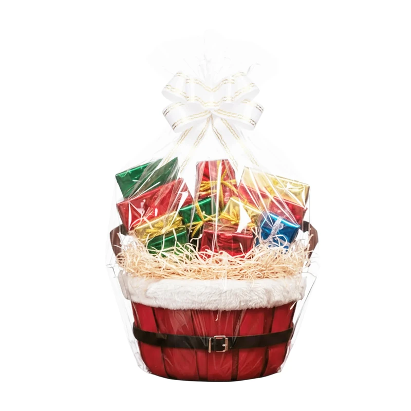 H-Line Christmas Hamper Basket Round Wicker Gift Hampers Santa Style Split Willow Basket with Faux Fur Edging Make Your Own Hamper Kit with Cellophane Wood Shred Bow Set for Christmas (Oval, Medium)