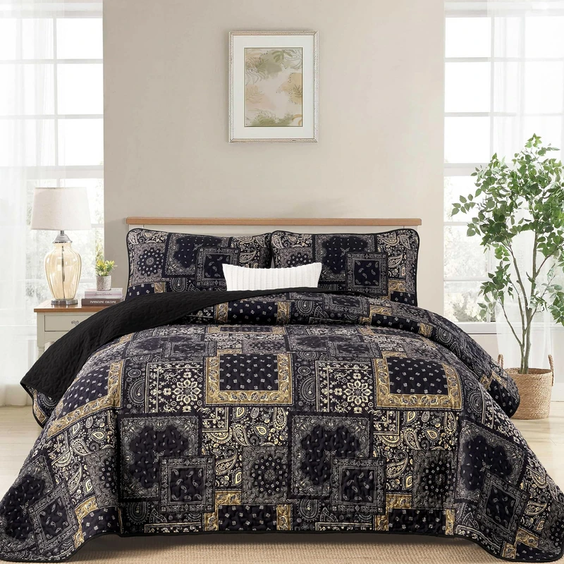 Cottolester Boho Patchwork Quilt Set California King Size,Black Gold Fall Bedspread,Paisley Floral Bedding Set Soft Microfiber Quilt with 2 Pillow Shams 112"x96"