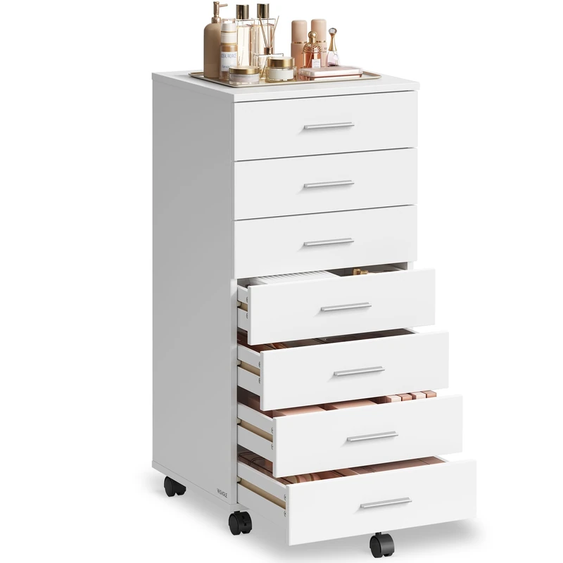 VASAGLE Rolling Filing Cabinet, Pedestal File Cabinet with Wheels, Printer Stand with 7 Drawers, Tool-Free Sliding Rails, for Study, Home Office, Cloud White OFC085WB02