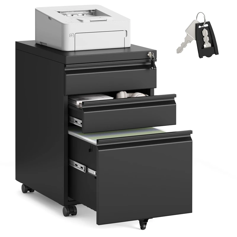 SONGMICS 3 Drawer File Cabinet, Metal Filing Cabinet for Home Office, Steel Construction, 3 Lockable Drawers, Rolling Printer Stand for Office, 40 x 50 x 62 cm, Matte Black OFC033B101