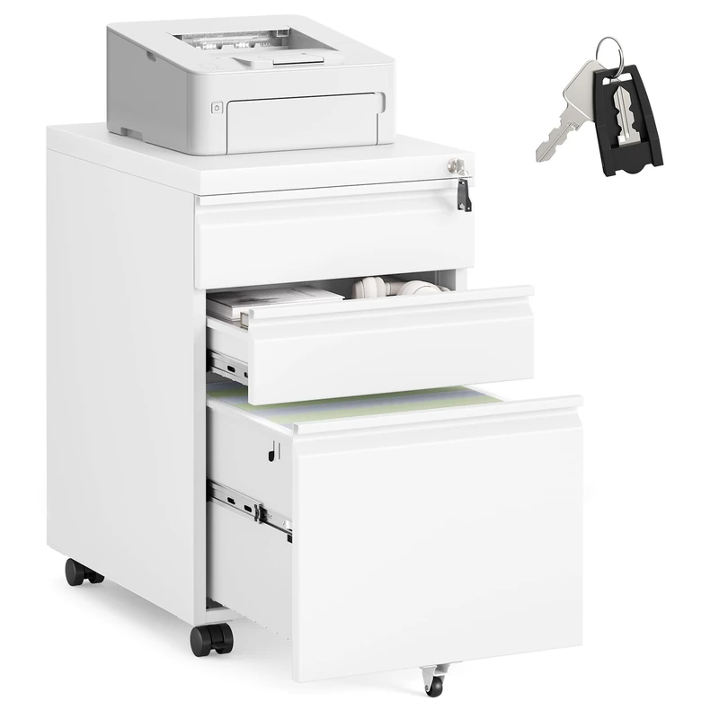 SONGMICS 3 Drawer File Cabinet, Metal Filing Cabinet for Home Office, Steel Construction, 3 Lockable Drawers, Rolling Printer Stand for Office, 40 x 50 x 62 cm, Matte White OFC033W101