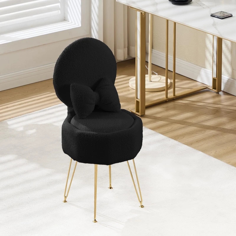 GarveeHome Dressing Table Chair, Sherpa Fleece Makeup Vanity Chair with Storage Space & Metal Legs, Girls Dressing Table Stool with Pillow, Vanity Stool for Bedroom Living Room, Black