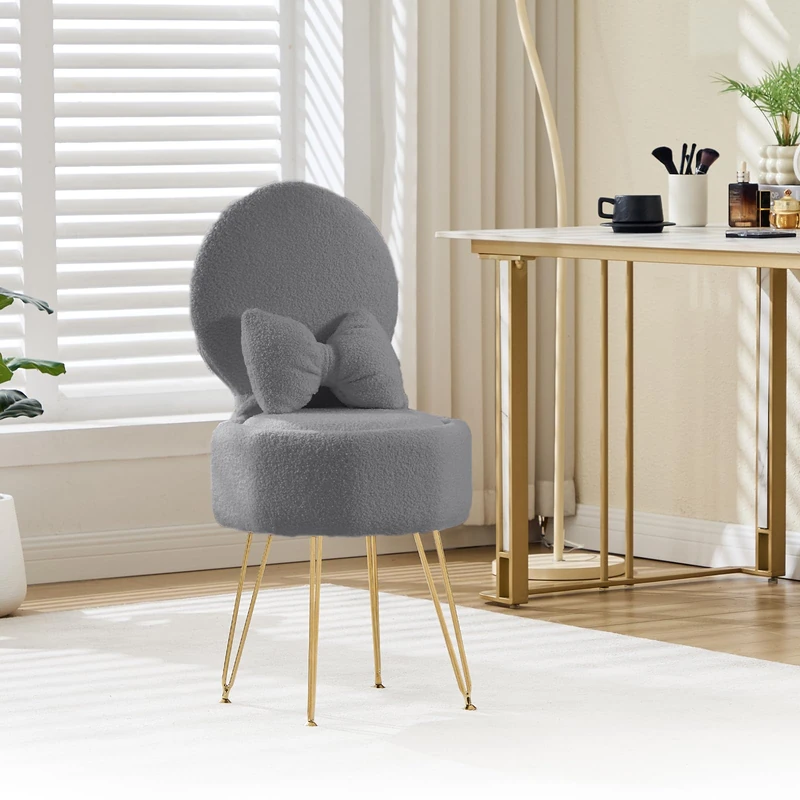 GarveeHome Dressing Table Chair, Sherpa Fleece Makeup Vanity Chair with Storage Space & Metal Legs, Girls Dressing Table Stool with Pillow, Vanity Stool Chair for Bedroom Living Room, Grey