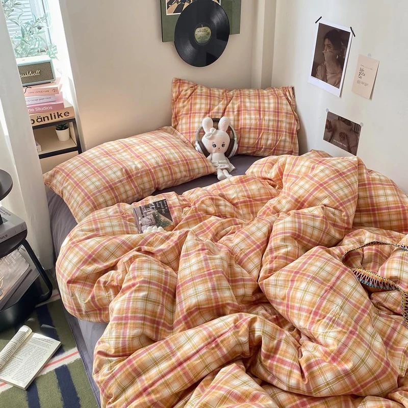 EAVD Vintage Style Gingham Duvet Cover Queen Soft 100% Washed Cotton Bedding Set with Colorful Grid Checkered Reversible Plaid Bedding Set for Men Women Modern Grid Plaid Duvet Cover with Zipper