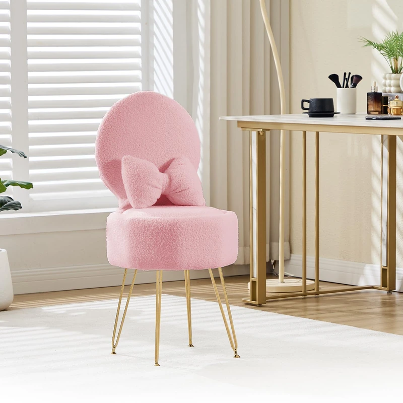 GarveeHome Pink Dressing Table Chair, Sherpa Fleece Makeup Vanity Chair with Storage Space & Metal Legs, Girls Dressing Table Stool with Pillow, Vanity Stool Chair for Bedroom Living Room