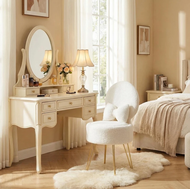 GarveeHome White Dressing Table Chair, Sherpa Fleece Makeup Vanity Chair with Storage Space & Metal Legs, Girls Dressing Table Stool with Pillow, Vanity Stool for Bedroom Living Room
