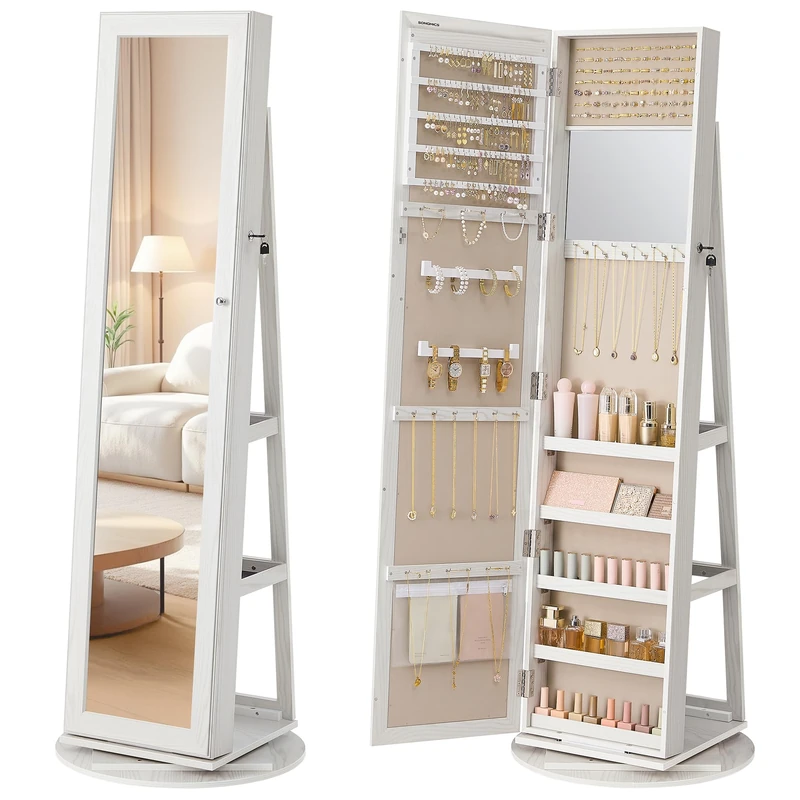 SONGMICS Jewellery Organiser, Freestanding Jewellery Cabinet with Full-Length Mirror, 360° Swivel, Storage Shelf, Lockable with Keys, for Bedroom, Gift Idea, Grey Wood Grain Finish, White JJC062W101