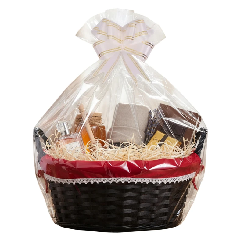 H-Line Christmas Hamper Basket Wicker Gift Basket with Red Lining Split Willow Baskets with Fixed Handles Make Your Own Hamper Kit with Cellophane Wood Shred Bow Set Luxury Gift Hampers (Black, Oval)