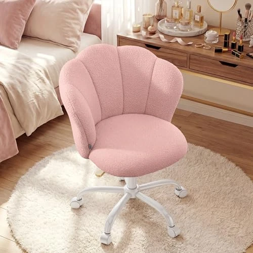 SONGMICS Swivel Office Desk Chair, Makeup Vanity Chair for Dressing Table, Teddy Fleece, Holds 110 kg, Petal Backrest, Adjustable Height, for Living Room, Bedroom, Jelly Pink OBG030SA02