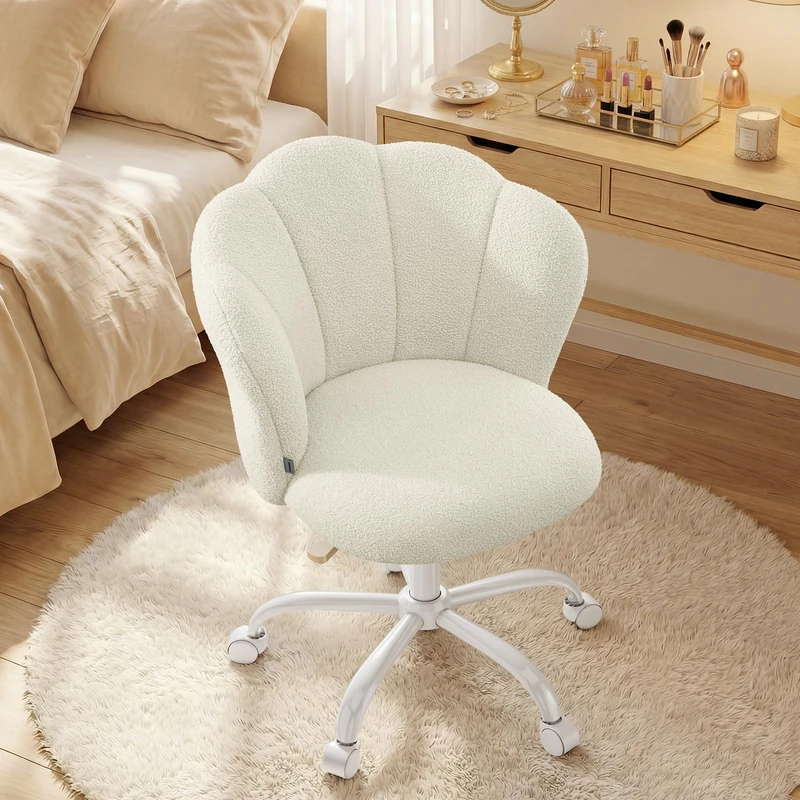 SONGMICS Swivel Office Desk Chair, Makeup Vanity Chair for Dressing Table, Teddy Fleece, Holds 110 kg, Petal Backrest, Adjustable Height, for Living Room, Bedroom, Cream White OBG030WD02