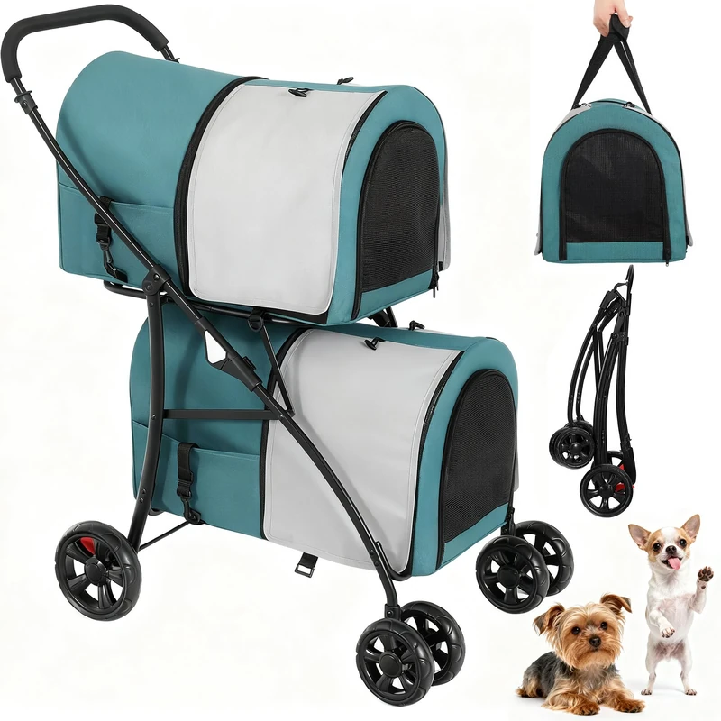 YITAHOME Double-Decker Dog Stroller, Pet Buggy, Capacity Up to 30kg, Foldable Dog Carrier with Mesh Windows, Cat Pushchair for Two Dogs and Cats Dark Green & Gray