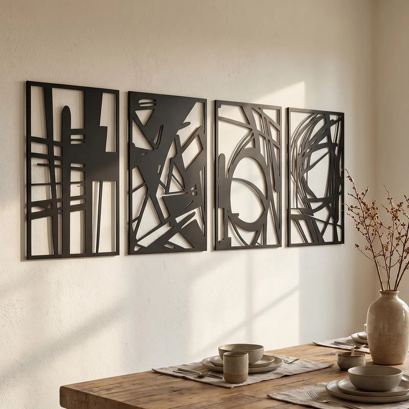 AMAATE 4Pcs Black Metal Abstract Geometric Hollow Wall Sculpture Decor Set