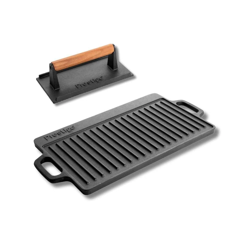 Prestige Cast Iron Burger Press and Double Sided Griddle Pan – Pre-Seasoned, Non-Toxic, Induction & Oven Safe, Easy Clean