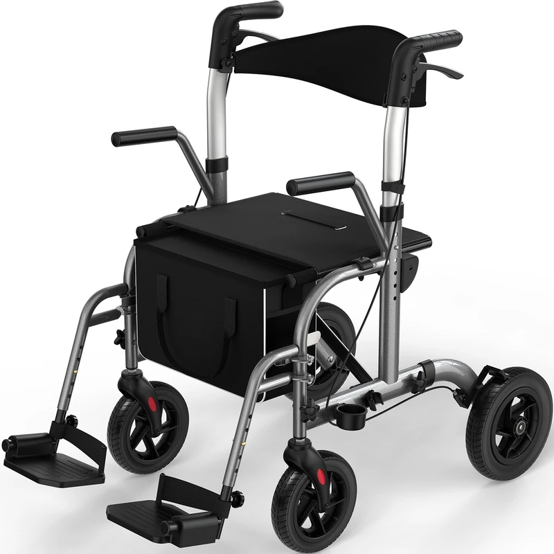 Luckfaith LR03 2 in 1 Walker Wheelchair, Folding Rolling Walker Wheelchair Combo,Charcoal Grey
