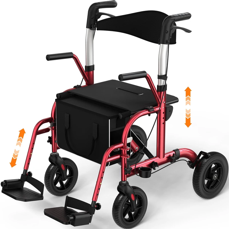 Luckfaith LR03 2 in 1 Rollator Walker with Footrests - Red