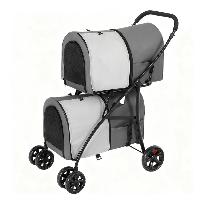 YITAHOME Double-Decker Dog Stroller, Pet Buggy, Capacity Up to 30kg, Foldable Dog Carrier with Mesh Windows, Cat Pushchair for Two Dogs and Cats Gray