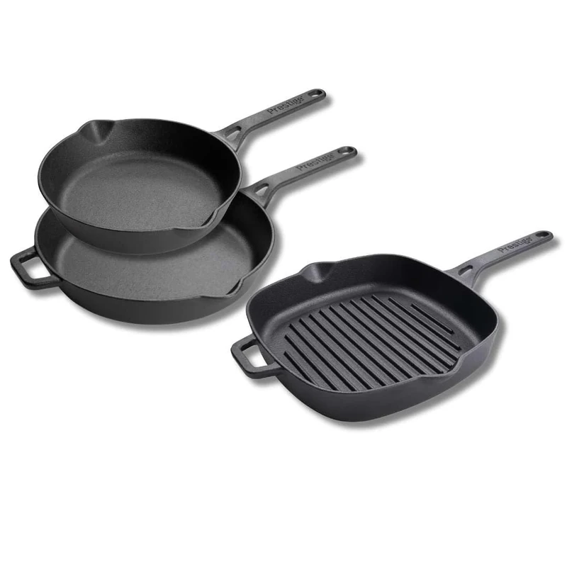 Prestige Cast Iron Frying Pan and Grill Pan Set – 3 Piece, Pre-Seasoned, Non-Toxic, Induction & Oven Safe, Easy Clean