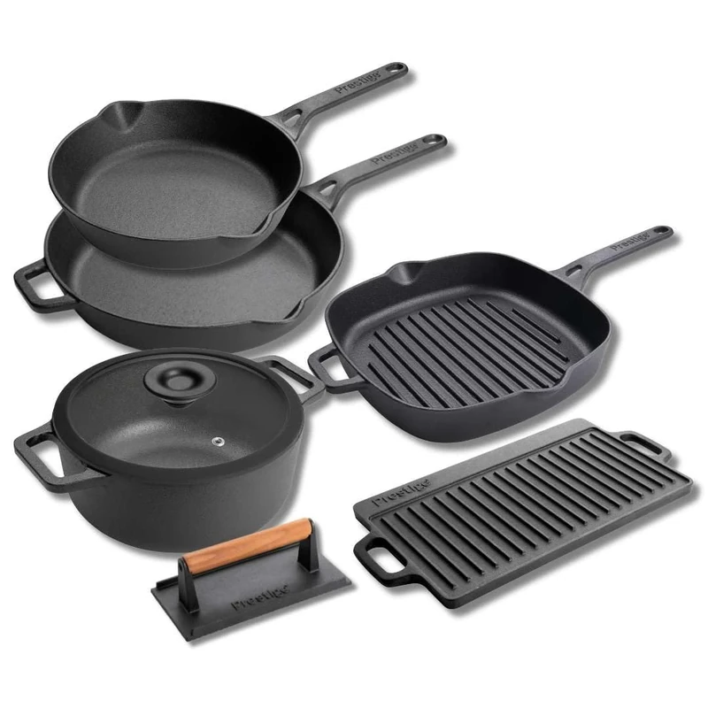 Prestige Cast Iron Cookware Set – 6 Piece, Burger Press, Small & Medium Frying Pans, Grill Pan, Griddle Pan, Casserole Dish, Pre-Seasoned, Non-Toxic, Induction & Oven Safe, Easy Clean