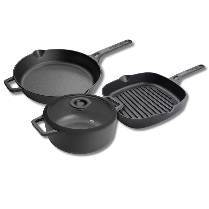 Prestige Cast Iron Cookware Set – 3 Piece, 22cm Frying Pan, 25cm Grill Pan, 24cm Casserole Dish, Pre-Seasoned, Non-Toxic, Induction & Oven Safe, Easy Clean
