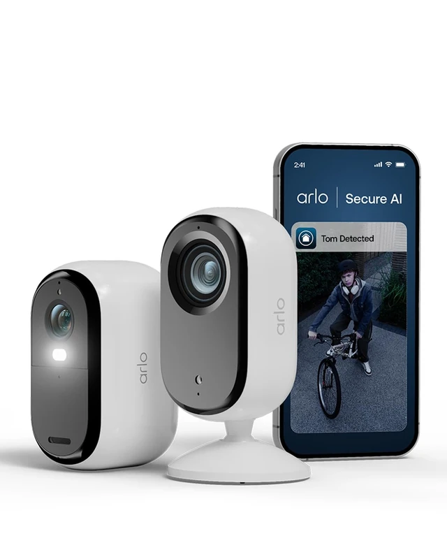 Arlo Essential 2 Security Camera Outdoor & Indoor Kit, 2K Video, Wireless Outdoor Camera with Wired Indoor Camera, Pet Camera, Two-way Talk, Smart Siren, Secure Trial Included, 2 Cameras, White