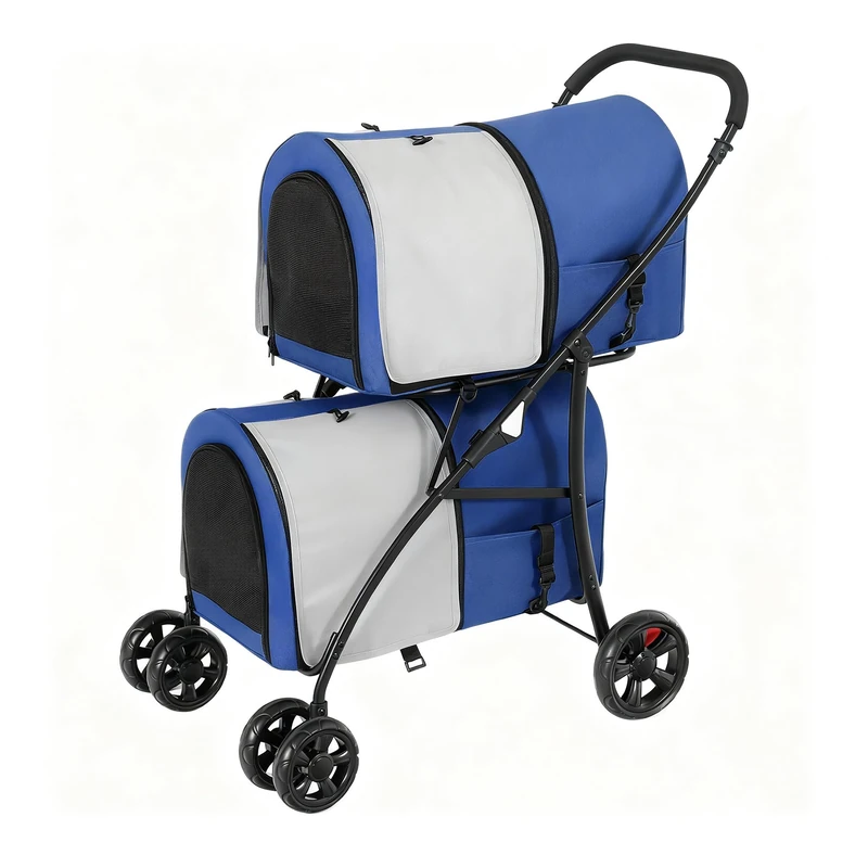 YITAHOME Double-Decker Dog Stroller, Pet Buggy, Capacity Up to 30kg, Foldable Dog Carrier with Mesh Windows, Cat Pushchair for Two Dogs and Cats Denim Blue