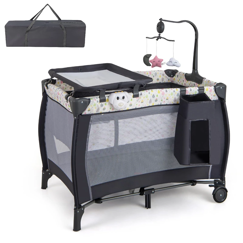 GYMAX Baby Travel Cot, 3 in 1 Bassinet Bed with Changing Table, Mattress, Music Box, Toy Bar and Carrying Bag, Portable Infant Crib Activity Play Center for 0-36 Months (Dark Grey)