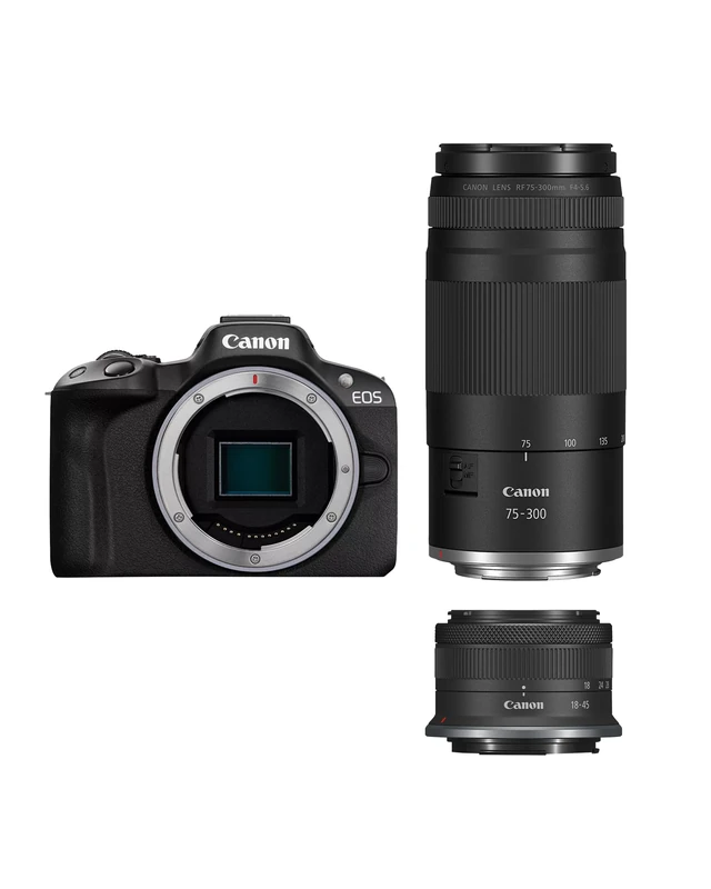 Canon EOS R50 + RF-S 18-45mm + RF 75-300mm Double Zoom Kit - Compact Mirrorless Digital Camera - 24.2 MP, UHD 4K Video, APS-C Sensor - 15 FPS Continuous Shooting - Vari-Angle Touchscreen