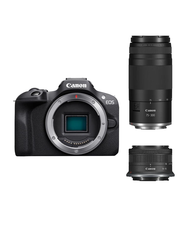 Canon EOS R100 + RF-S 18-45mm + RF 75-300mm Double Zoom Kit - Compact Mirrorless Digital Camera - 24.1 MP, 4K Resolution - Dual Pixel CMOS AF, DIGIC 8 Processor - 6.5 FPS Continuous Shooting