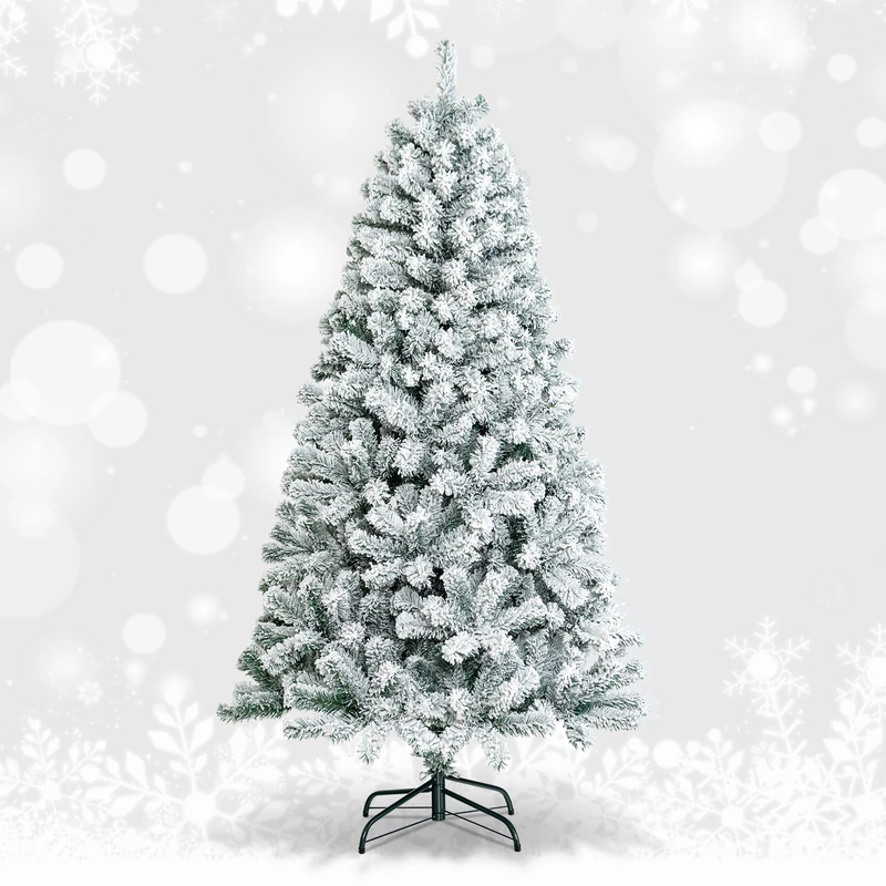 GiantexUK 6FT/7.5FT Snow Flocked Christmas Tree, Artificial Hinged Xmas Tree with Branch Tips, PVC Needles & Foldable Metal Stand, 3-section Festival Party Home Decoration (180 cm)