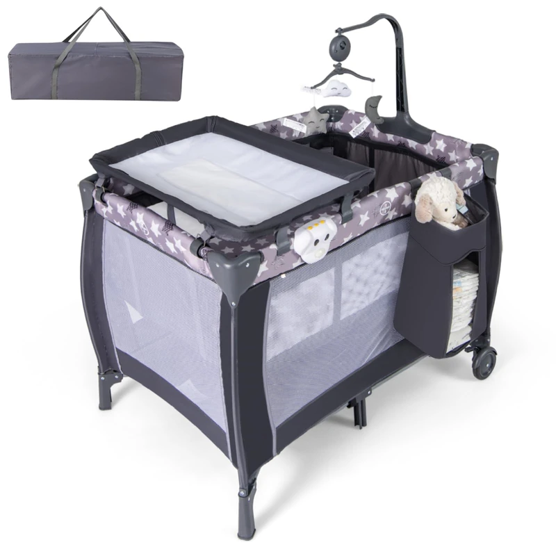 GYMAX Baby Travel Cot, 3 in 1 Bassinet Bed (Light Grey)