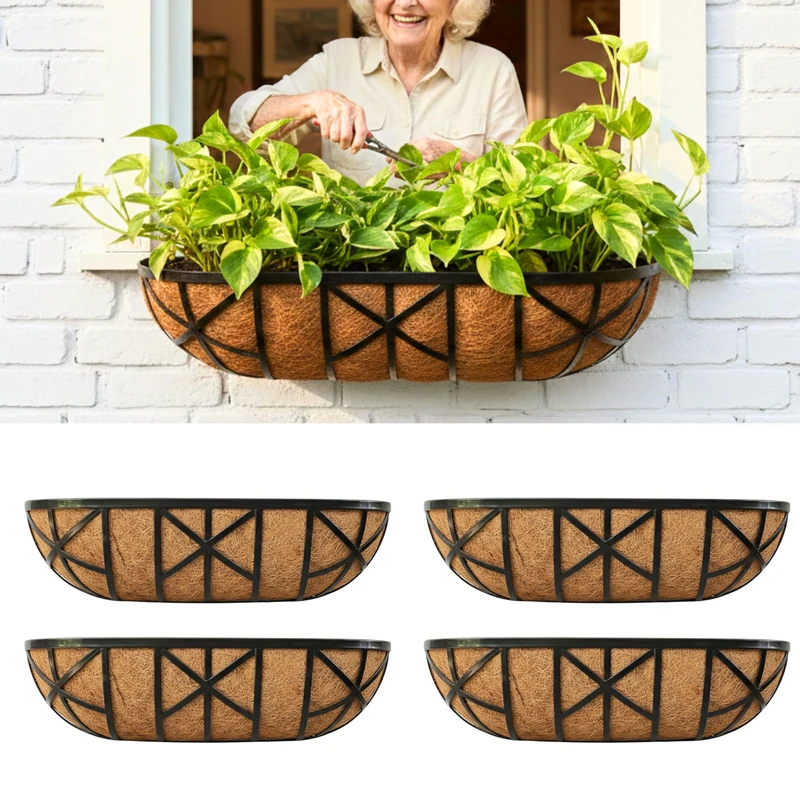 LaLaGreen 24 Inch, 4 Pack Window Boxes Planters – Black Metal Window Boxes for Outdoor Plant, Wall Mount Flower Pot with Coco Coir Liner, Attach to House Fence Balcony Herb for Patio Porch Garden