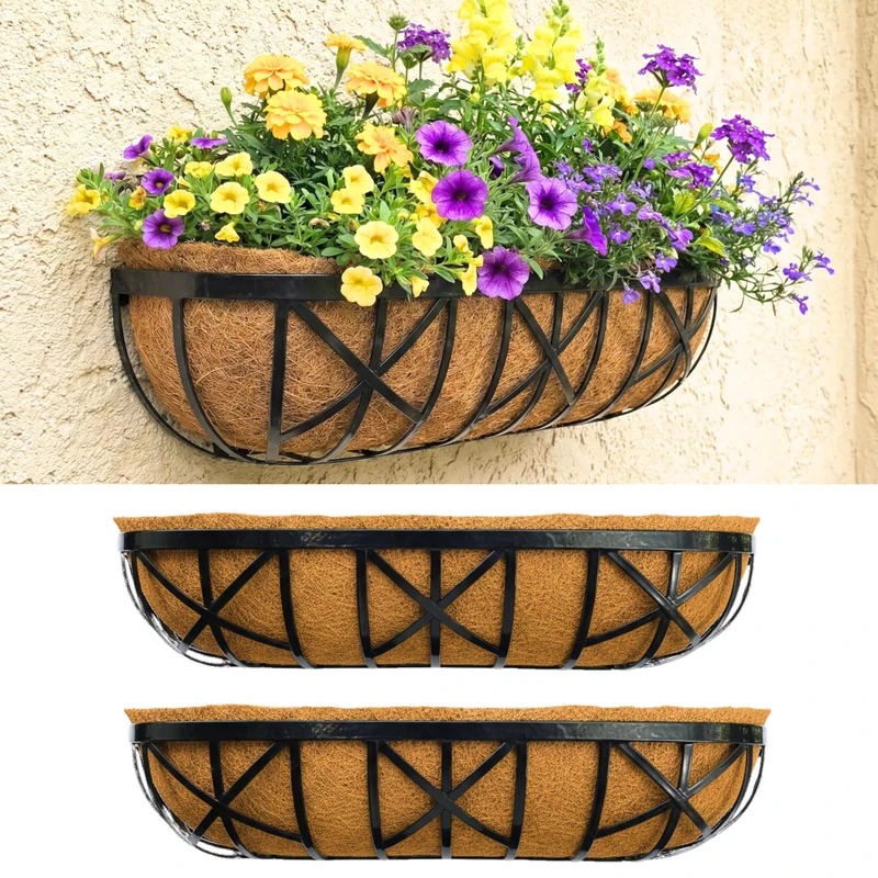 LaLaGreen 30 Inch, 2 Pack Window Boxes Planters – Black Metal Window Boxes for Outdoor Plant, Wall Mount Flower Pot with Coco Coir Liner, Attach to House Fence Balcony Herb for Patio Porch Garden