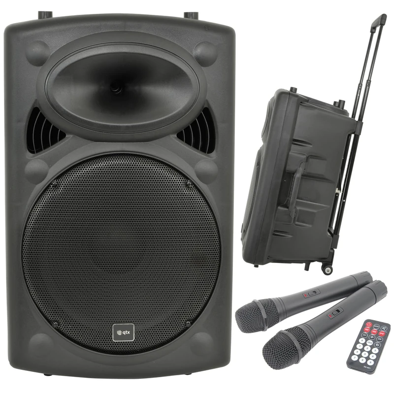 QTX | QR12PA Portable PA Speaker System with Bluetooth, TWS Stereo, Dual UHF Wireless Microphones, USB/SD/FM Media Player, Rechargeable Battery, Trolley, Compact Wireless Amplifier