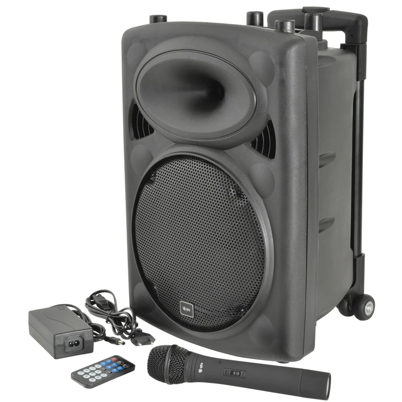 QTX | QR10PA Portable PA Speaker System with Bluetooth, TWS Stereo, UHF Wireless Microphone, USB/SD/FM Media Player, Rechargeable Battery, Trolley, Compact Wireless Amplifier
