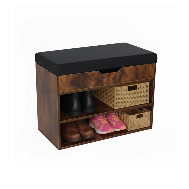 Relaxdays shoe bench, storage seat with 2 shoe compartments, HWD: 44x60x30 cm, upholstered for hallway, brown/black